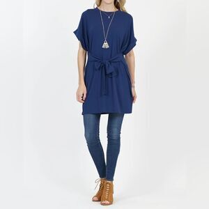 Most Fabulous Boho Chic Reversible Waist Tie Tunic Dress Blue XL